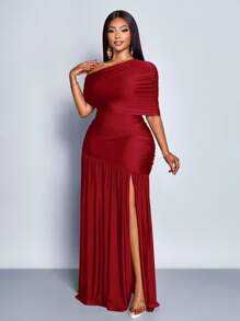 SOLERSUN Christmas Spring And Summer Plus Size Women's Sexy Party Casual Vacation Brown Shiny Fabric One Shoulder Gathered Off-Shoulder Collar Front Slit Ruffle Knitted Long Skirt - Burgundy - View 5
