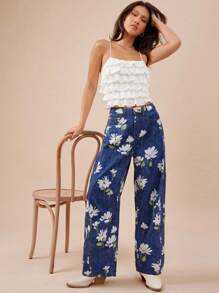 WESTFADE High Rise Floral Print Denim Cropped Barrel Leg Jeans Cute Fall Clothes For Women Country Concert - Medium Wash - View 7