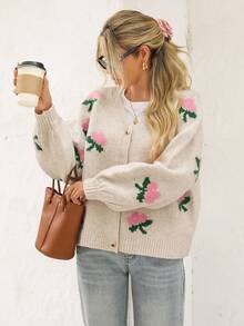 Vivid Eden Lässiger Damen-Cardigan mit Blumenmuster, Vorderknopf, heruntergelassene Schulter, Button-Up-Strickjacke, Blumen-Cardigan, Button-Up-Cardigan, Herbst-Damenkleidung