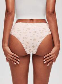 LUVLETTE 3-Pack Lace Trim Cotton Mid-Rise Basic Cheeky Women Underwear Panties Set- Floral Print Lace Trim