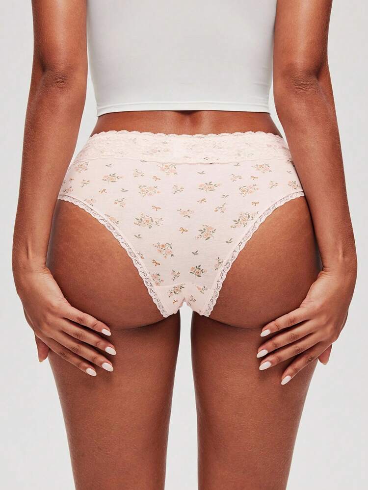 3-Pack Lace Trim Cotton Mid-Rise Cheeky Panties Set- Floral Print Lace Trim