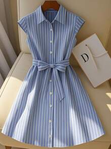 Franclia Women Sleeveless Striped Minimalist Multi-Functional Dress - Blue - View 1