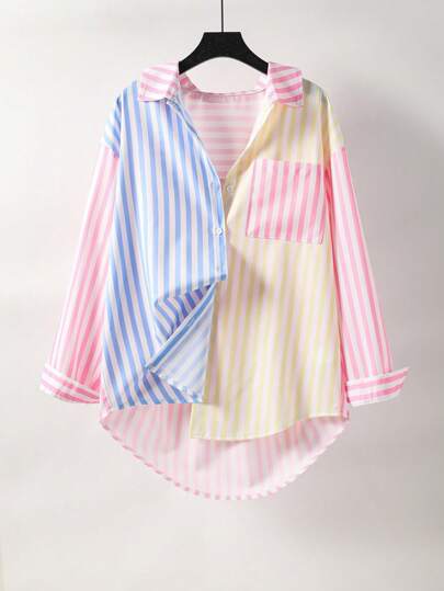 Teen GirlLoose Casual Striped Woven Long Sleeve Shirt With Pockets, Paired With Loose Wide-Leg Pants, Elegant Skinny Pants, Shorts, Or Mini Skirt Fall Winter