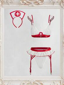 Fantasy Costume 4pcs Women Nurse Costume Set(Top, Pants, Garter Belt, Nurse Hat) - White - View 1