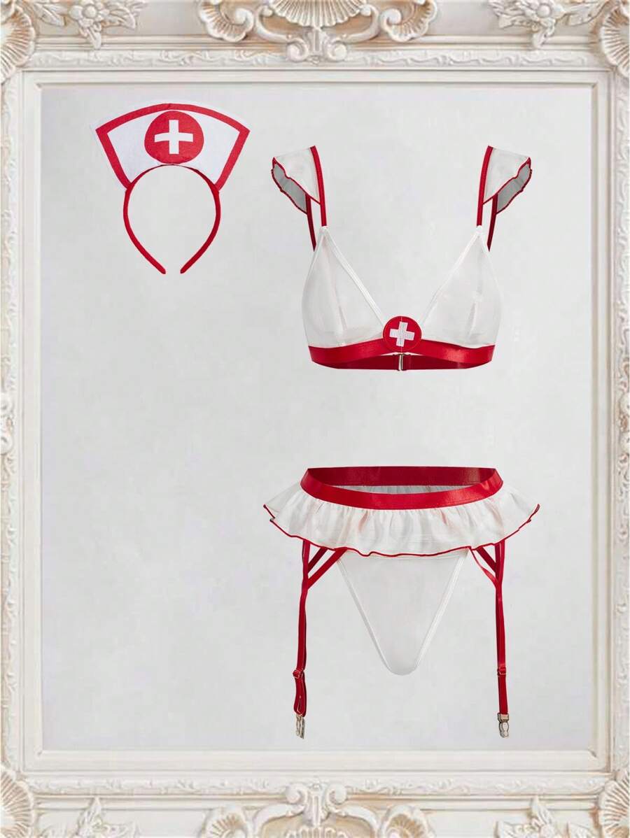 Fantasy Costume 4pcs Women Nurse Costume Set(Top, Pants, Garter Belt, Nurse Hat) - White - View 1