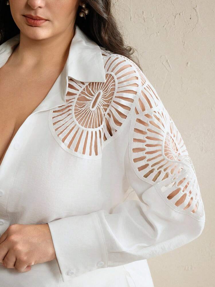 2pcs/Set Plus Size Women Casual Loose Elegant Hollow Out Outfit, Early Spring New Arrival