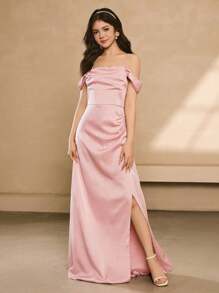 Bridesmaids' Textured Satin Off Shoulder High-Low Ruffle Split Dress, Suitable For Prom, Graduation, Birthdays, Formal Events Fall Winter - Pink - View 3