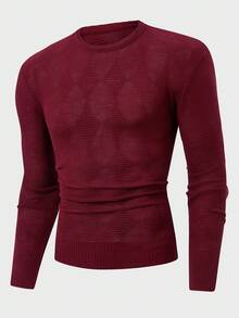 EURMUSE Men Rib Knit Geometrical Pattern Crew Neck Regular Sweater - Burgundy - View 4