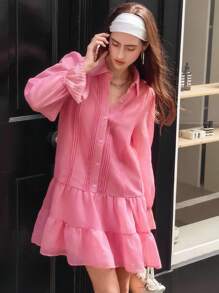 Chiquease 2-in-1 Hemd/Langarmkleid, vorne plissiert, Hemdkragen, bestickter Ärmel Manschetten Dekor, einfarbiges Bürokleid - Heißes Pink - Übersicht 1
