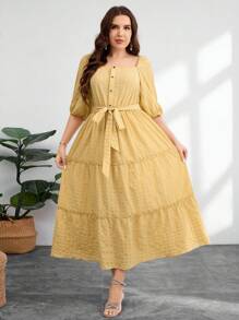 Modelyn Plus Size Women's Belted Square Neck Cake Skirt - Yellow - View 3