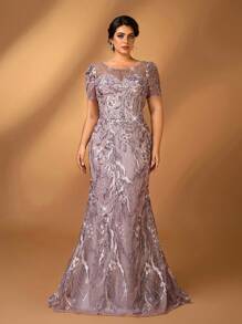 Serin Plus Size Elegant And Gorgeous Lotus Pink Round Neck Short Sleeves Sequin Embroidery Luxury Drilling Beading Craftsmanship Slim Fishtail Hem Suitable For Dinner Bachelorette Party Date Holiday Dance Wedding Event Bride Mother Dress Formal Dresses For Wedding Guest