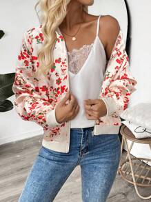 EMERY ROSE Damen lässige Bomberjacke mit Blumen Muster, Frühling & Herbst