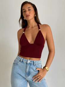 Aloruh 女士纯色露背短款性感吊带背心 - 酒紅色 - 查看 5