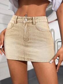 SHEIN PETITE 女式口袋装饰休闲百搭牛仔迷你裙 - 卡其色 - 查看 2