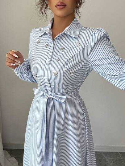 Selianne Women's Elegant Daily European Style Commuter Shirt Dress, Long Sleeve, Waist Tie Bow, Crystal Decor, Vintage Luxury, Suitable For Music Festivals, Races, Commuting, Shopping, Vacation And Other Occasions Fall Cloth For Women