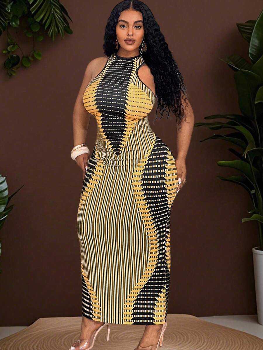 Veslaya 2025 Spring/Summer New Arrival Plus Size Women Dress, Casual/Resort/Tropical Vacation/Music Festival/Road Trip/Date/ Holiday/Party/Sexy Club Outfit, Street Fashion Fitted Mandarin Collar Sleeveless Yellow & Black Abstract Tech Symmetrical Color Blocking Midi Dress - B Plus Size Bodycon Dress Curve Summer Dresses Bodycon Maxi Dress - Yellow - View 1