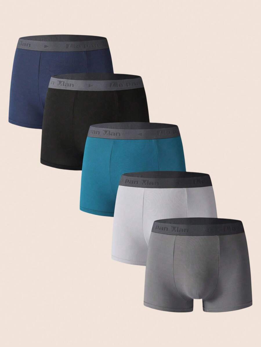 SHEIN 5pcs/Set Men's Solid Color Patchwork Letter Print Simple Boxer Briefs - Multicolor - View 1