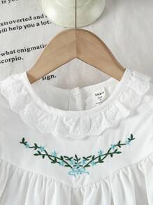 女童纯色圆领刺绣荷叶边泡泡袖修身连衣裙，女童秋季服装 - 白色 - 查看 8