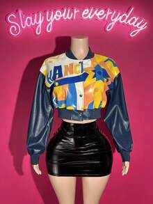 Slaydiva 2025新款初秋冬季休闲街头棒球服日常约会复古学院风标语Logo撞色星形印花藏蓝色PU夹克机车夹克女式夹克Y2K短款上衣夹克80年代女装秋冬女装冬季外套 - 藏蓝色 - 查看 5