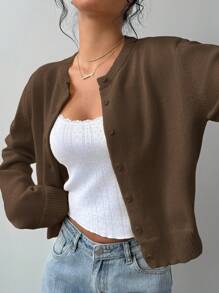 SHEIN BASICS Casual Solid Color Round Neck Long Sleeve Loose Cropped Women Sweater Cardigan In Fall/Winter - Brown - View 6