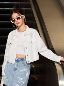 Denimly Women's Casual Everyday Urban Street Style Ripped Design Open Front Simple Comfortable Washed White Denim Jacket Fall Winter - White - View 7