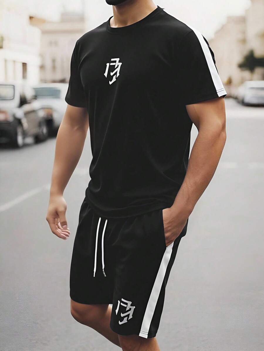 Manfinity Homme Men's Casual Street Graphic Print Contrast Side Seam Short Sleeve T-Shirt And Drawstring Waist Shorts Set, Summer - Black - View 1