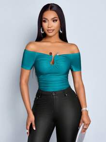 SOLERSUN Women's Solid Color Off-Shoulder Short Sleeve Slim Fit T-Shirt With Pleats - Teal Blue - View 4