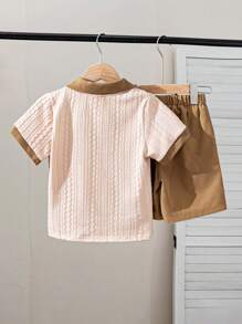 Genkimix Kids Summer New Korean Style Preppy Toddler Boys' Striped Polo Collar Short Sleeve Knit Top + Navy Casual Shorts 2pcs Set