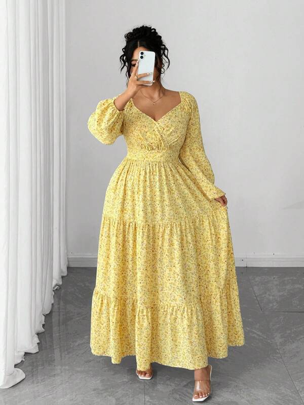 Elenzga Random Ditsy Floral, Plus Size Women's Best-Selling Fabric With Yellow Base And Small Floral Pattern, Long Sleeve Maxi Cake Dress, Flattering Fit, Suitable For Vacation, Garden Party, Date, Comfortable Fabric With Unique Style Fall Cloth For Women