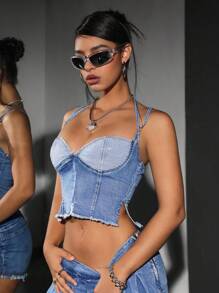 Jeanoix Top curto jeans feminino de cor sólida, justo, com decote halter e franjas