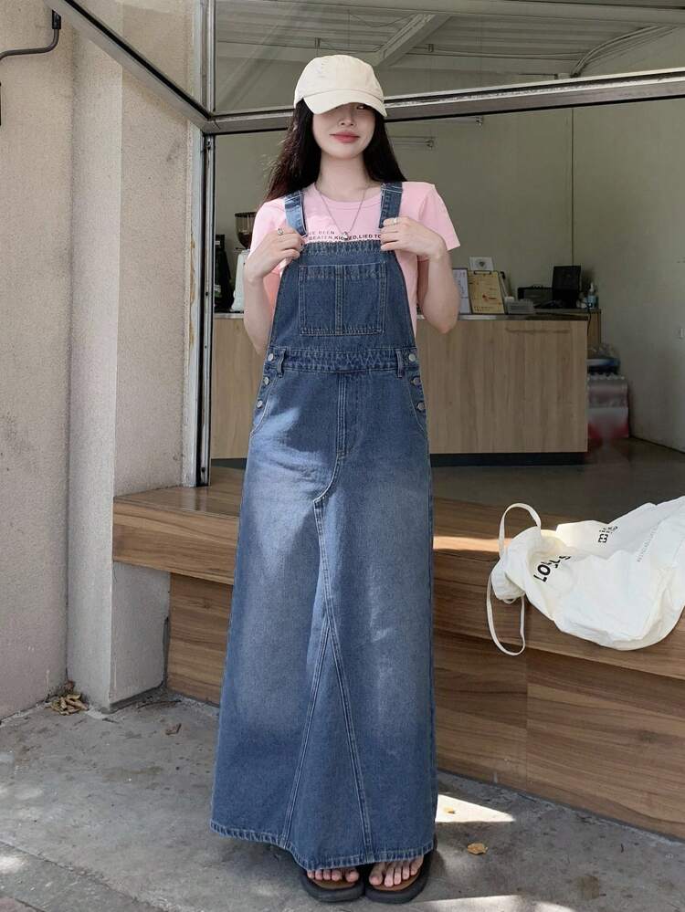 Women Casual Washed Denim Suspender Dress
