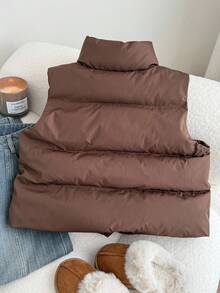 SHEIN 青少年女孩拉链厚背心，带口袋，女士保暖冬季夹克 - 棕色 - 查看 2