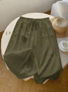 Comfortcana Olive Green Casual Loose Wide Leg Drawstring Pants For Plus Size Women,Fall Clothes For Women - Army Green - View 6