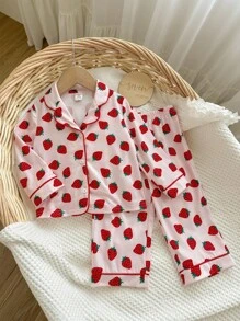 SHEIN 2 piezas Conjunto de pijama para bebé niña con Top de manga larga con estampado de fresa y pantalones sueltos - Rosa - Ver 6