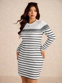 Elaquor Robe décontractée à manches longues, col rond, rayée, avec boutons, pour femmes grandes tailles - Noir et Blanc - Voir 4