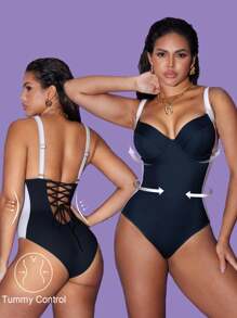 Shapewave 1pc Women Steel Cup Gathered Sexy One-Piece Swimsuit, Solid Color Slimming Swimwear For Summer Beach Vacation - Black and White - View 1