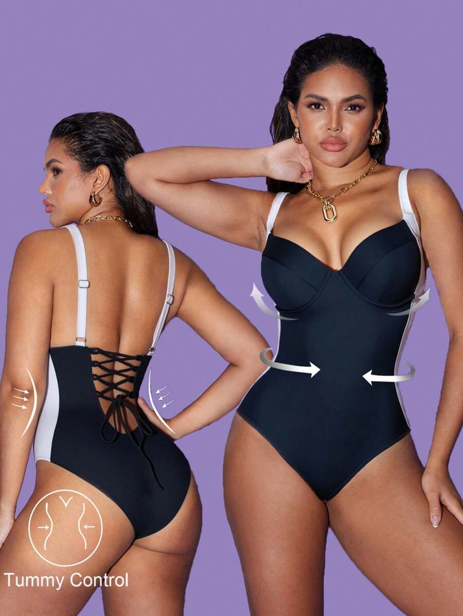 Shapewave 1pc Women Steel Cup Gathered Sexy One-Piece Swimsuit, Solid Color Slimming Swimwear For Summer Beach Vacation - Black and White - View 1
