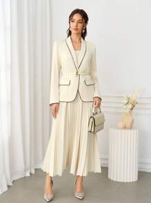 Ellevyn 女士 V 领撞色边长袖西装外套和百褶裙优雅套装，适合工作和日常穿着商务休闲女士办公室服装，适合秋冬女士搭配套装 - 杏色 - 查看 14