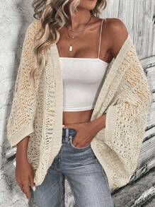 SHEIN LUNE Áo len cardigan dài tay màu trơn cho nữ, áo len hở phía trước đơn giản và giản dị - Màu be - Xem 4