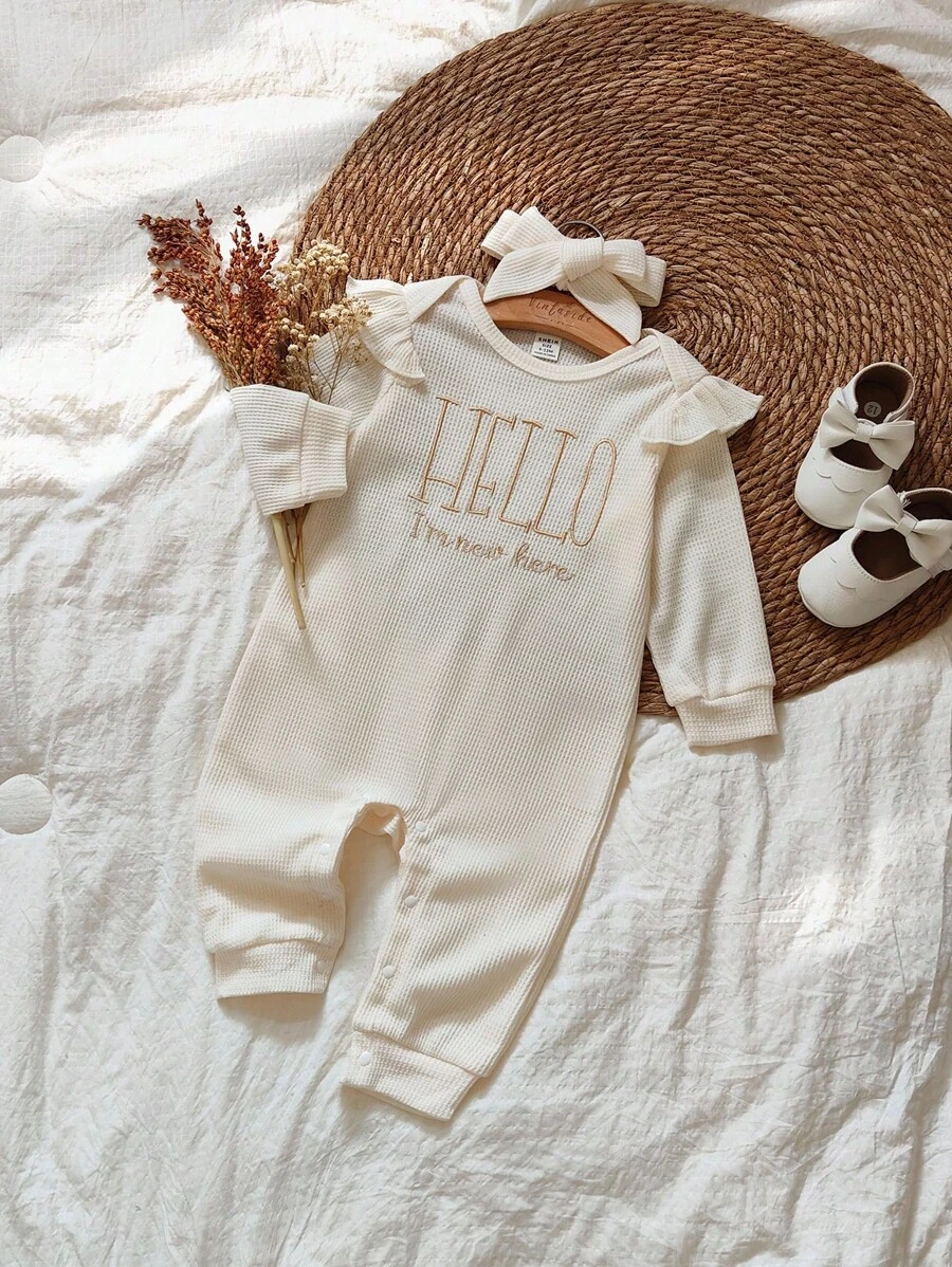 SHEIN Infant Girls Casual Embroidered Letter Textured Envelope Collar Jumpsuit & Headband Set, Spring/Autumn - Apricot - View 1