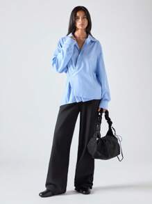 LYSMO Áo sơ mi nữ tay dài kẻ sọc trễ vai cài nút đơn giản - Màu xanh nhạt - Xem 5