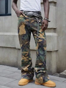 ROMWE MEN Street Life Men's Sparkling Diamond Layered Flare Camouflage Jeans - Multicolor - View 7