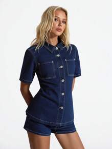 SHEIN Unity Plain Color Front Button Pocket Relaxed Short Sleeve Denim Jacket - Blue - View 7
