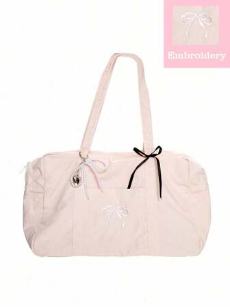 Kawaii Fashionable Versatile Commute Travel Pink Cute Bow Embroidery Strap One Shoulder Tote Bag + Pearl Pendant