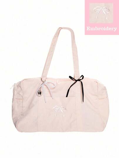Kawaii Modische, vielseitige Pendler-Reise-Tasche in Rosa mit niedlicher Schleifenstickerei, Schultergurt und Perlenanhänger