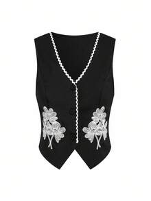 Ellevyn 优雅百搭单排扣花卉压花背心和百褶裙两件套，适合外出、下午茶、购物等场合秋季女装校服教师服办公室服装 - 黑色 - 查看 10