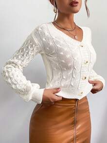 EURMUSE Plus Size Cable Flower Pattern Long Sleeve Single Breasted Casual Cropped Cardigan - White - View 3