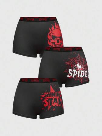 Grunge Punk 3pcs/Set Dark Punk Letter, Skull, Spider, Flame, Star Print Briefs