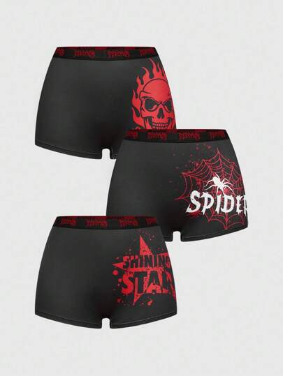 Grunge Punk 3pcs/Set Dark Punk Letter, Skull, Spider, Flame, Star Print Briefs