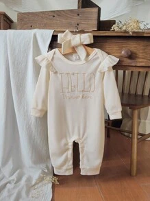 SHEIN Infant Girls Casual Embroidered Letter Textured Envelope Collar Jumpsuit & Headband Set, Spring/Autumn - Apricot - View 4